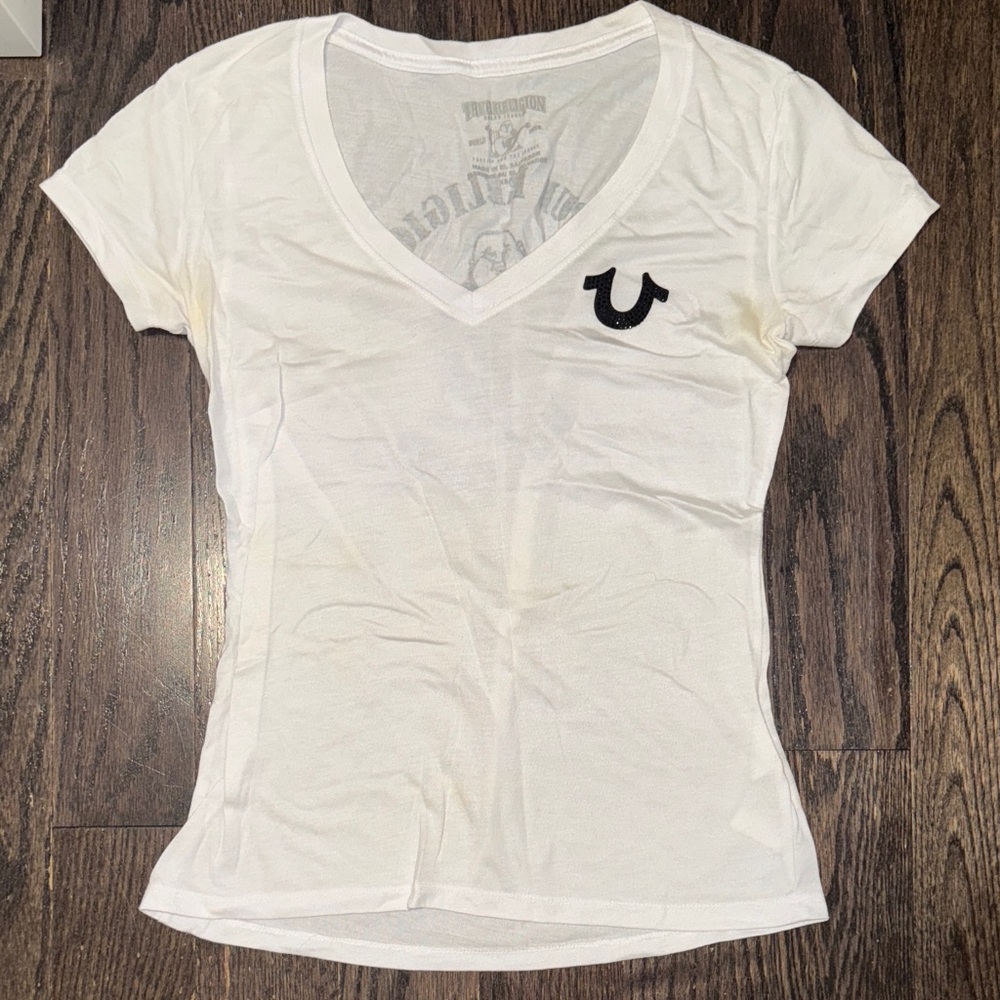 True Religion Women's White V-Neck Tee with Black Logo